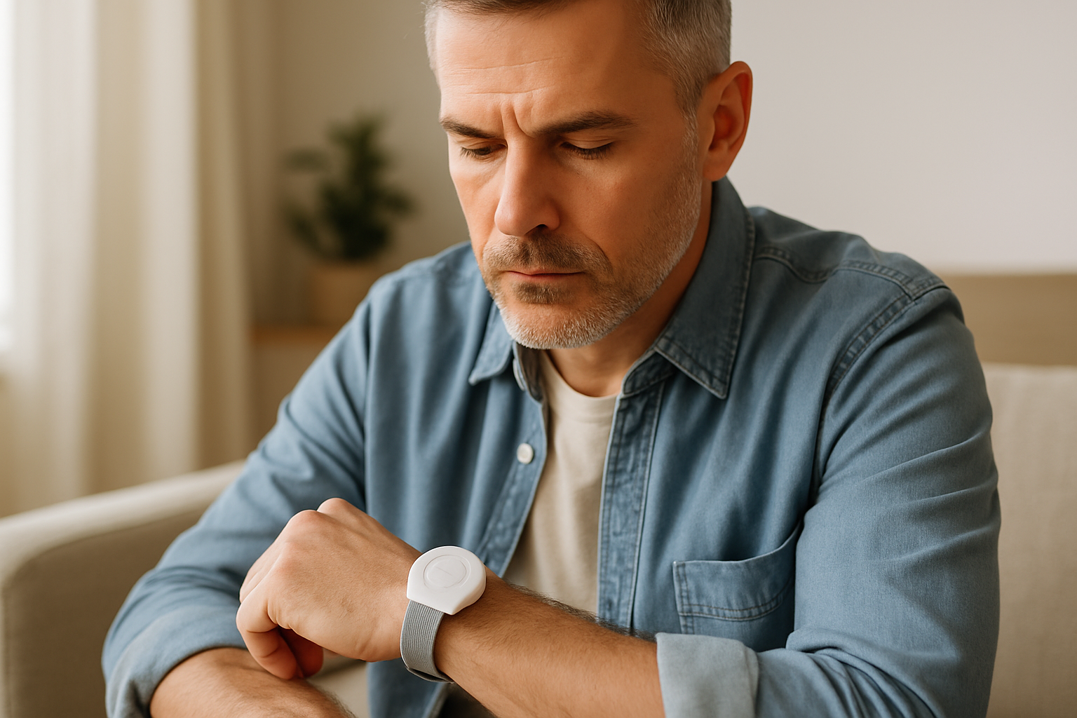 A woman at home checks a wristband device, illustrating the sepsis early warning wearable for adults.