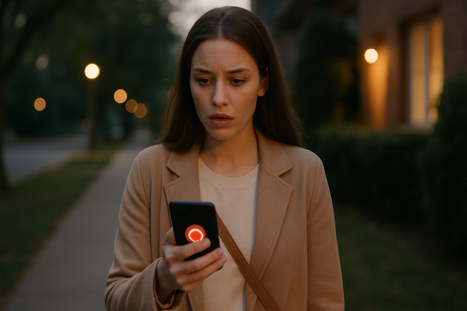 A woman walking alone at night checks her phone, highlighting the use of a silent panic alarm app for women walking home.