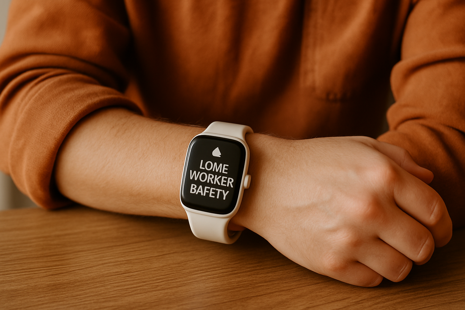A lone worker safety smartwatch from AlvoTriX rests on a wooden table, highlighting its features for Android users.