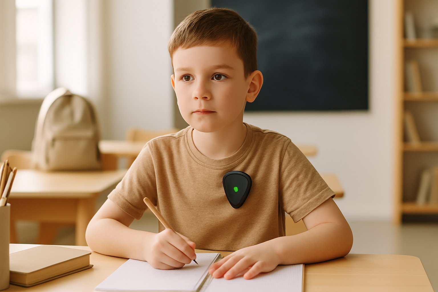 A young student wearing an AlvoTriX autism wearable in a classroom, illustrating its role in maintaining school day calm.