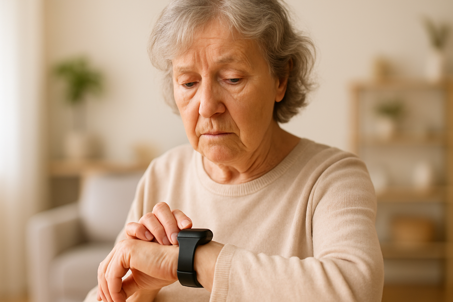 A caregiver assists an elderly person in using a smartwatch, highlighting features for dementia support.