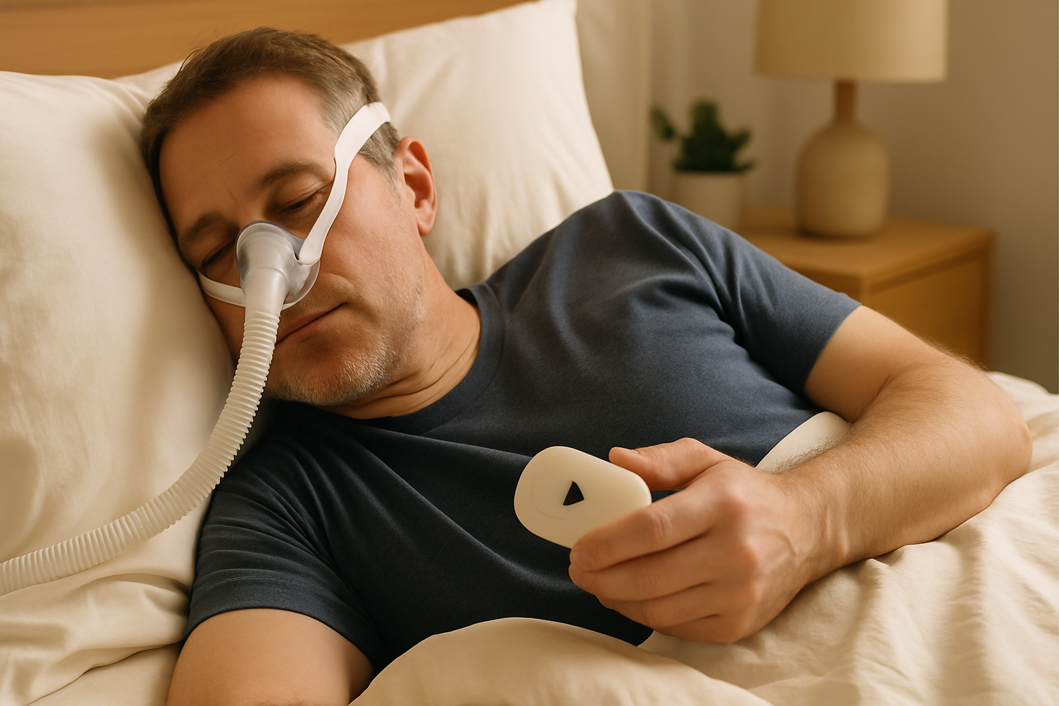 A person sleeps peacefully wearing the AlvoTriX sleep apnea wearable that calls family in case of an emergency.
