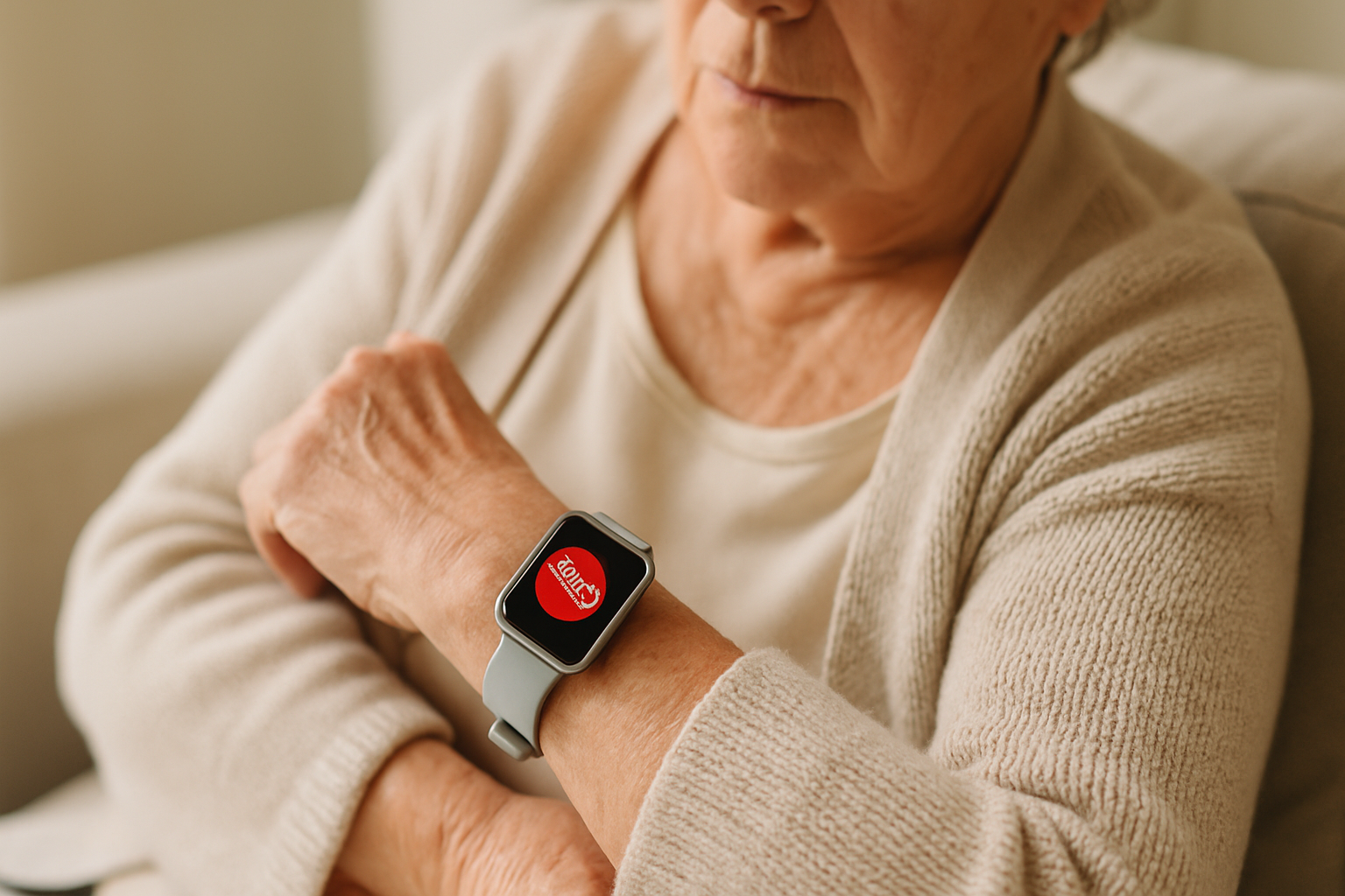 A caregiver assists an elderly woman wearing a panic button smartwatch, highlighting its use for dementia patients.