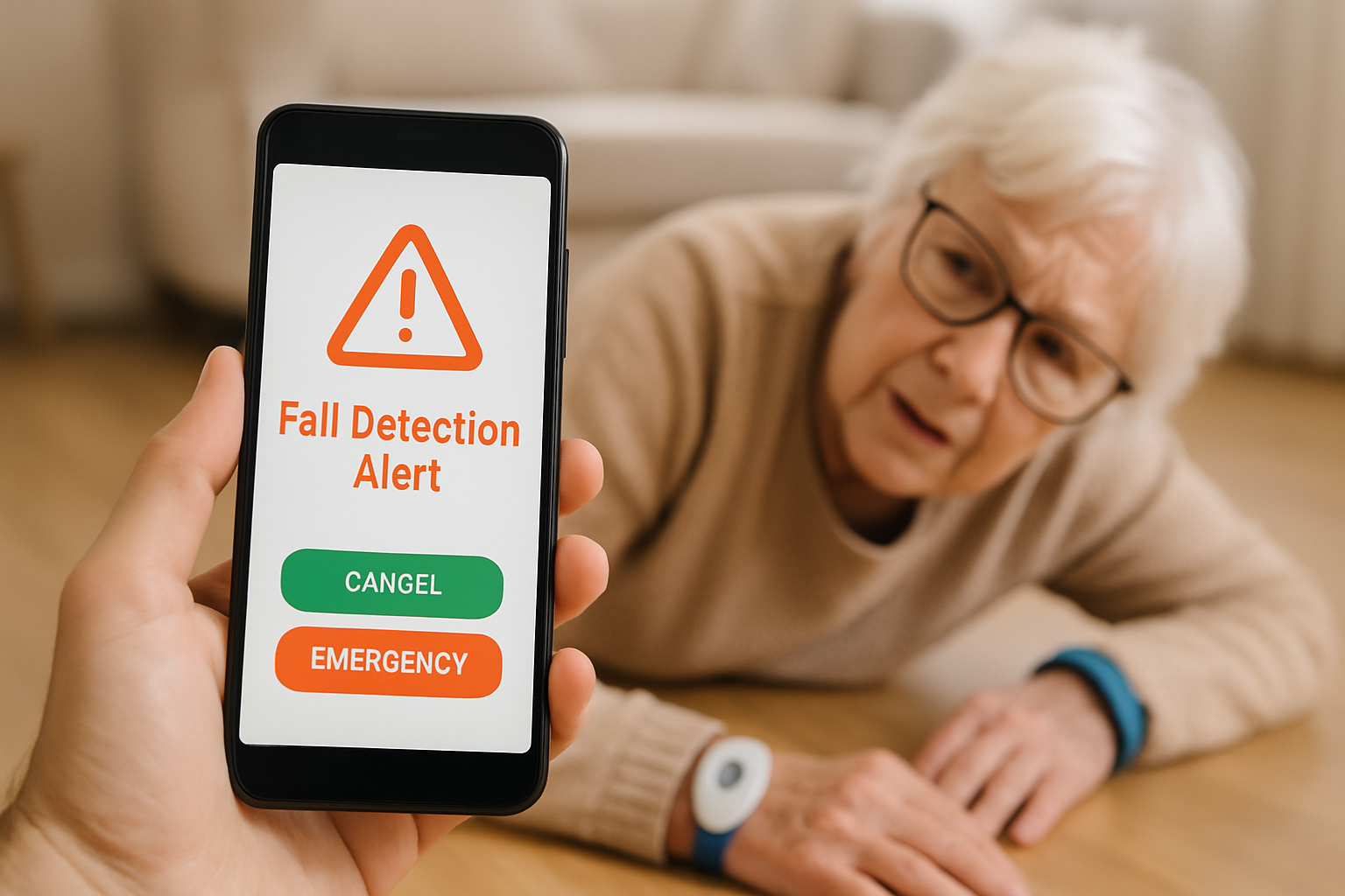 A smartphone displaying a fall detection app interface, surrounded by autumn leaves, highlighting Android compatibility.