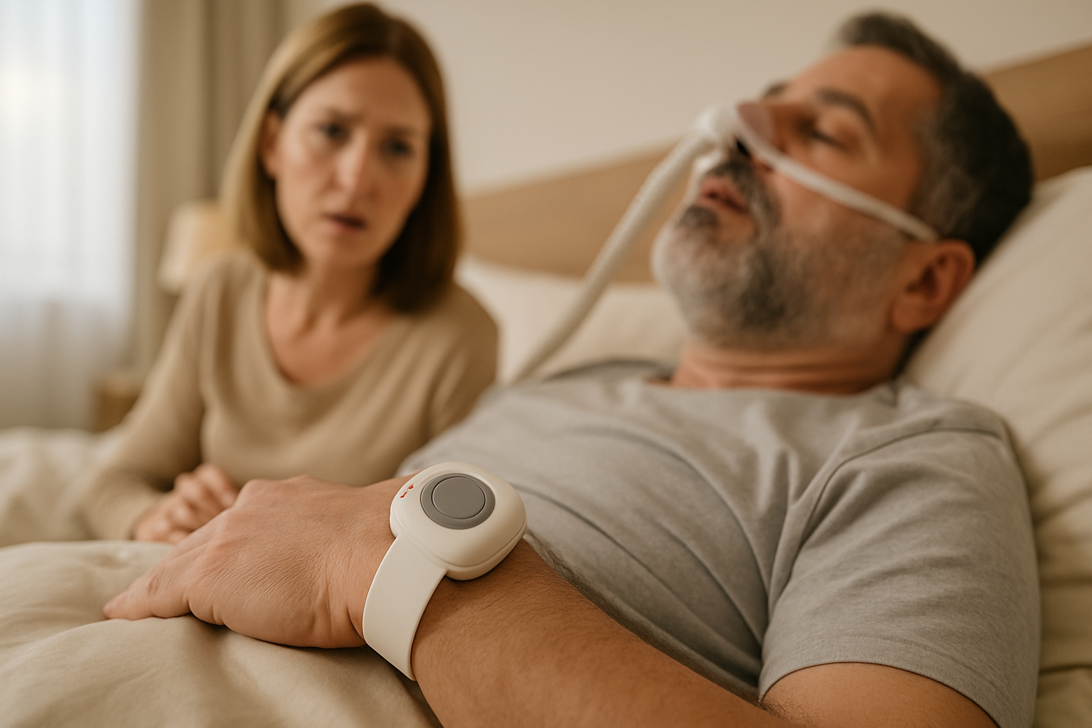 A couple in bed, one wearing a sleep apnea wearable from AlvoTriX, highlighting its spouse alert feature.