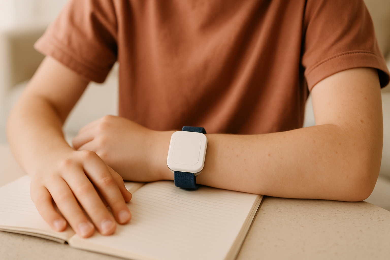 A young adult wearing an AlvoTriX autism stim tracking wearable on their wrist, with a focus on the device's design.