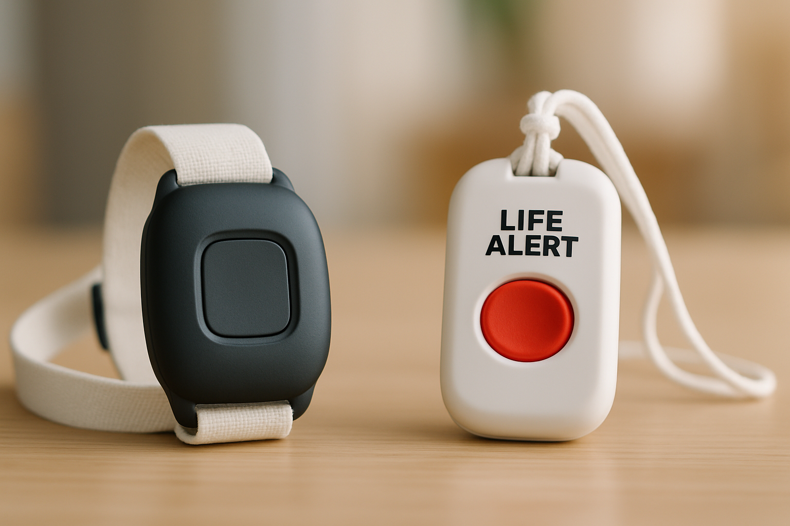 A side-by-side comparison of AlvoTriX and Life Alert devices on a table, highlighting safety features for users.