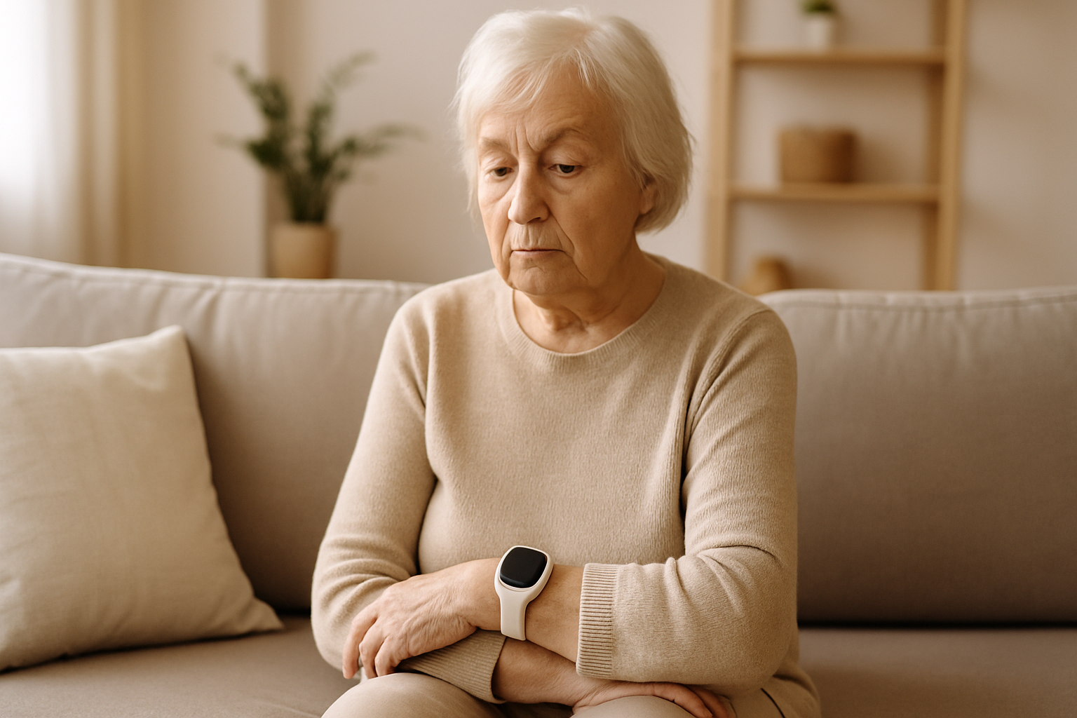 An elderly woman sitting alone in a cozy living room, highlighting the importance of an elderly inactivity alert.