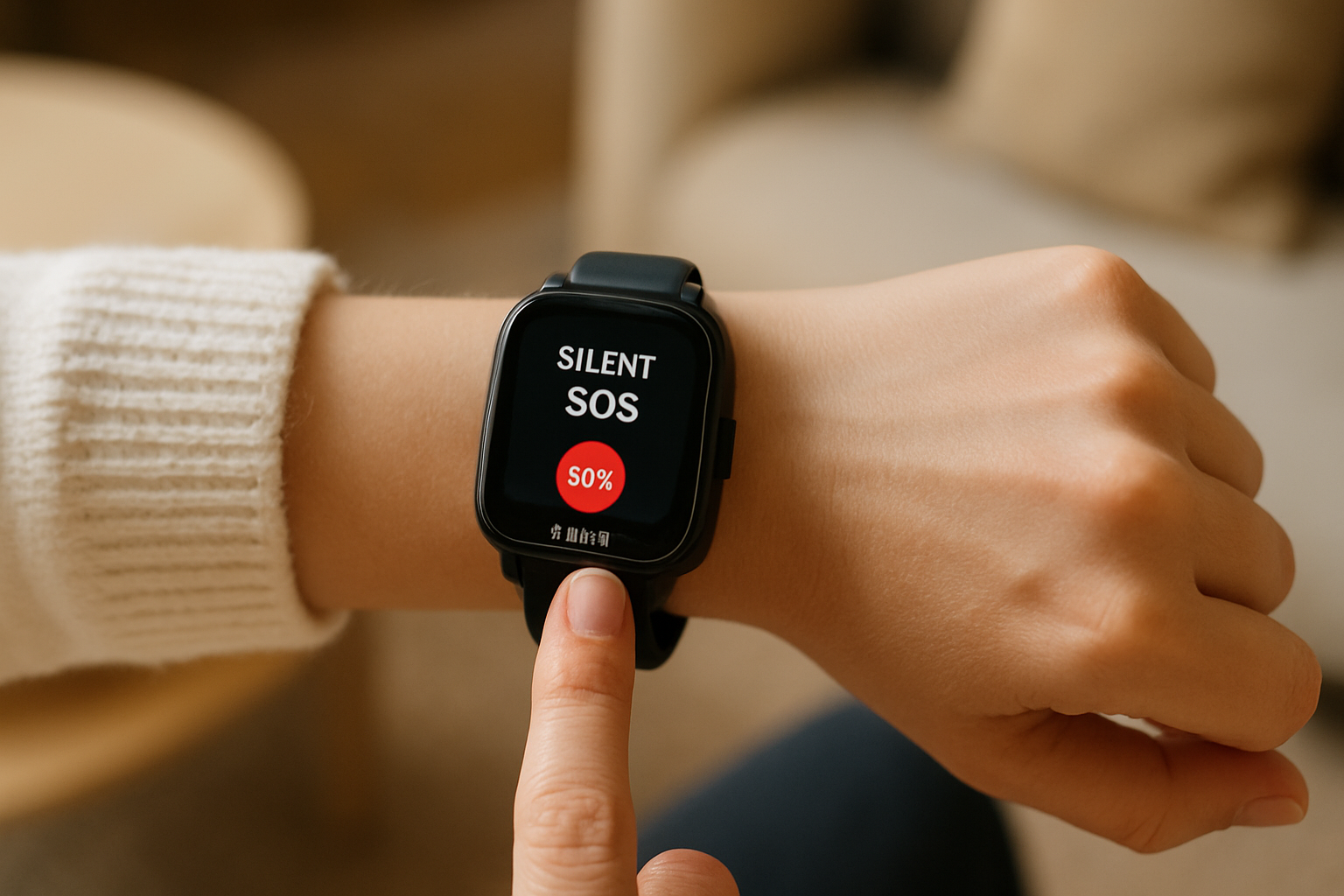 A close-up of the AlvoTriX silent SOS smartwatch on a wrist, highlighting its discreet safety features for families.