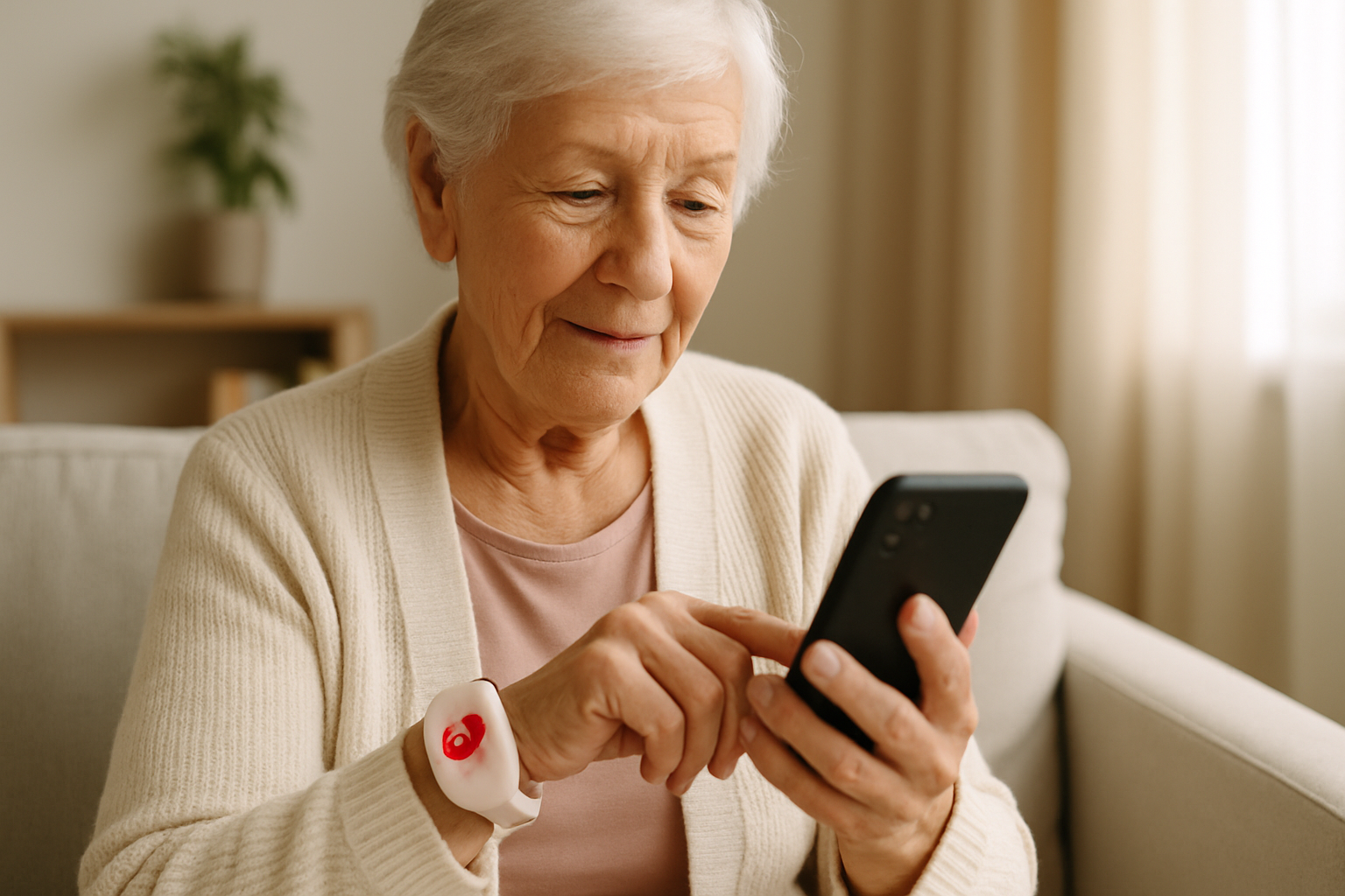An elderly woman wearing a smartwatch sits on a sofa, illustrating continuous heart monitoring for elderly parents.