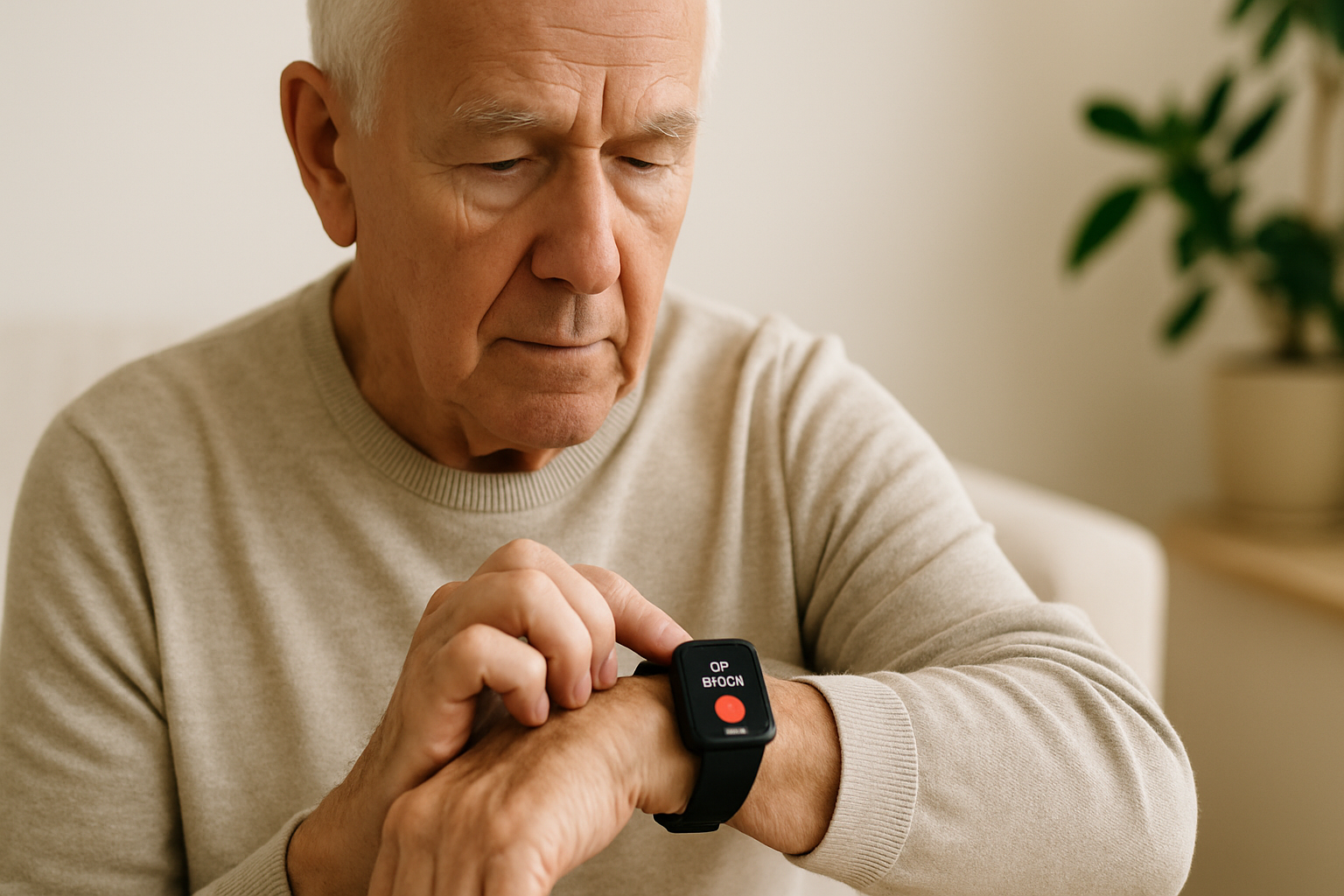 A person with Parkinson's wearing an AlvoTriX fall detection smartwatch, highlighting safety features for fall prevention.