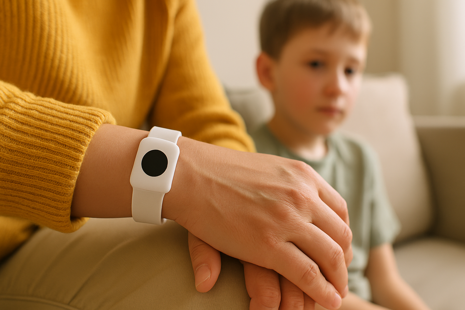 A family gathers around a table, each wearing a pulseira dados biométricos, highlighting its role in safety.