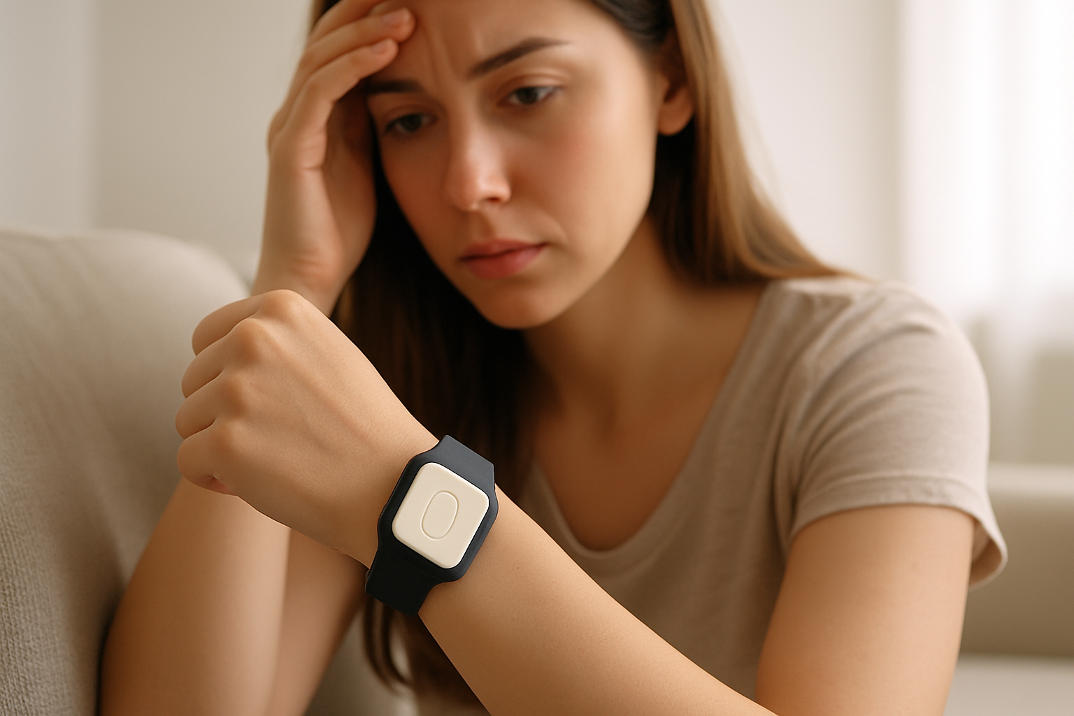 A person wearing an AlvoTriX device on their wrist, symbolizing its use as a wearable for anxiety attacks.