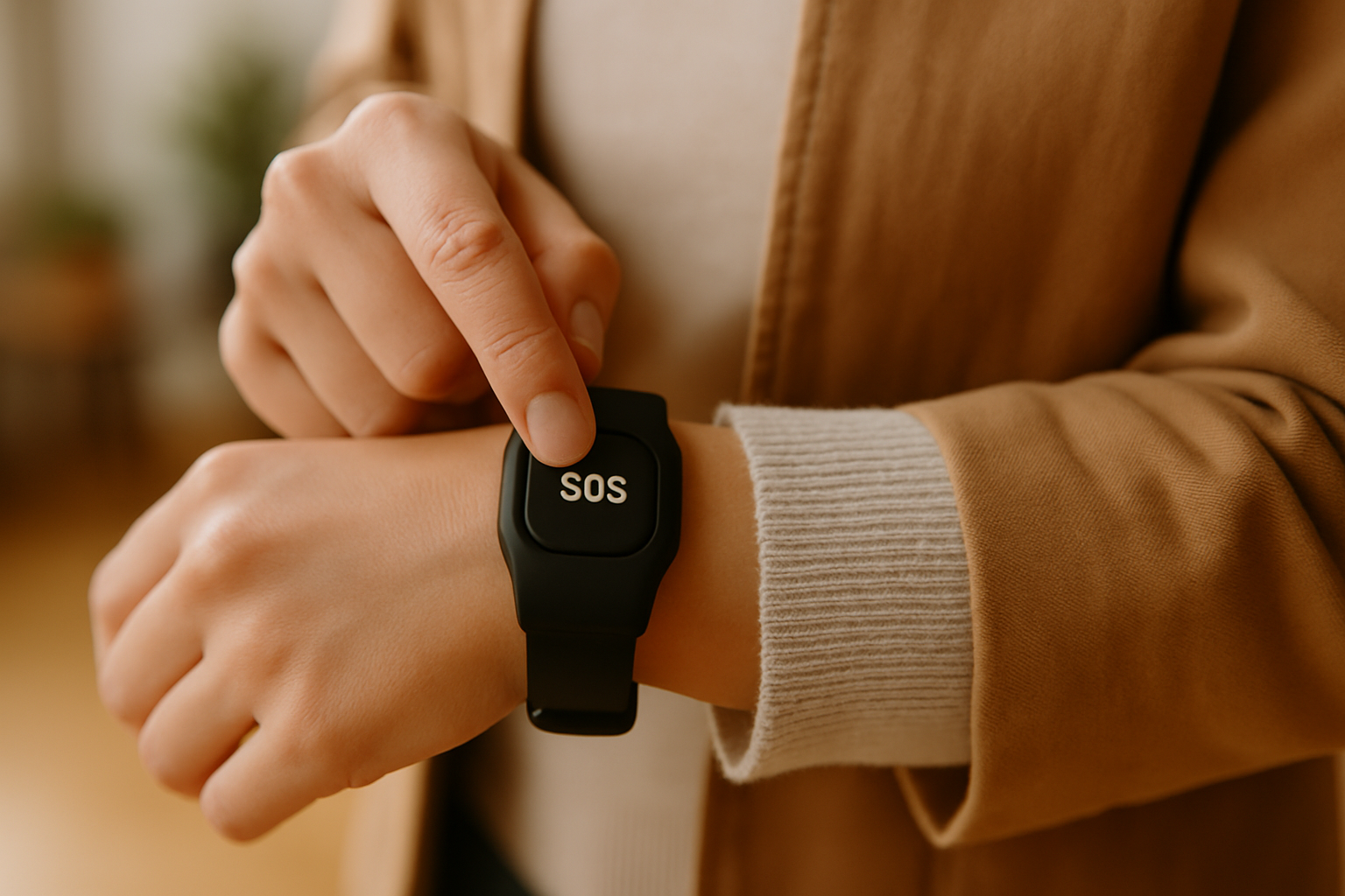 A close-up of a person wearing a Gesture SOS wearable device, highlighting its use for safety and emergency alerts.