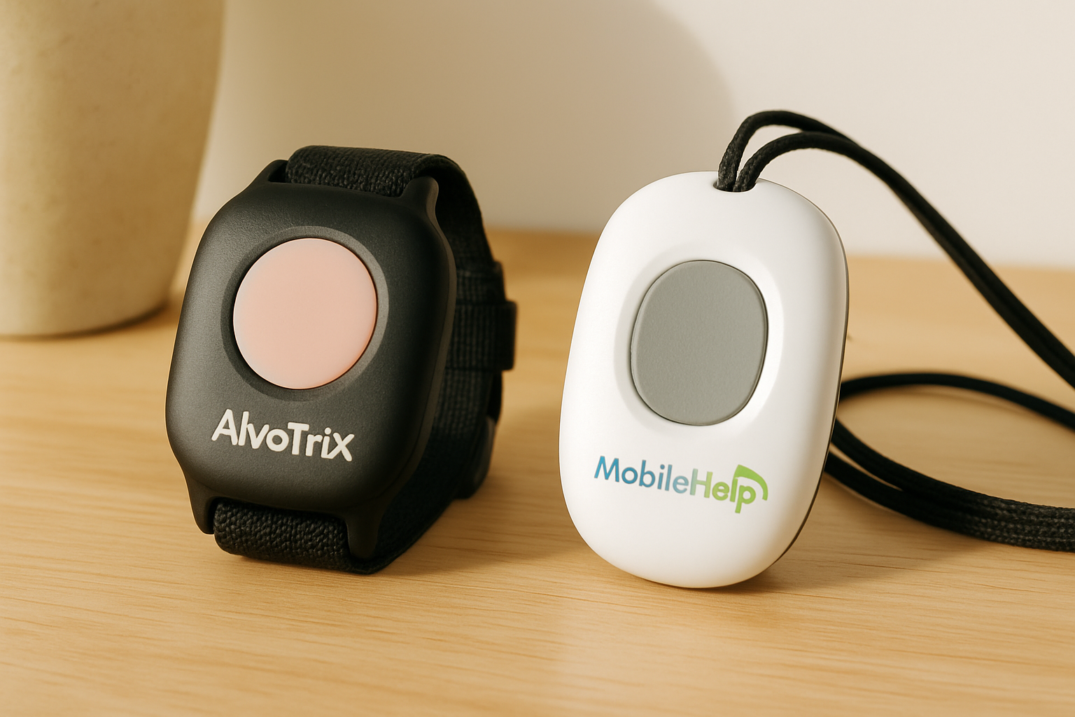 A side-by-side comparison of AlvoTriX and MobileHelp devices, highlighting features for autism and elderly care.