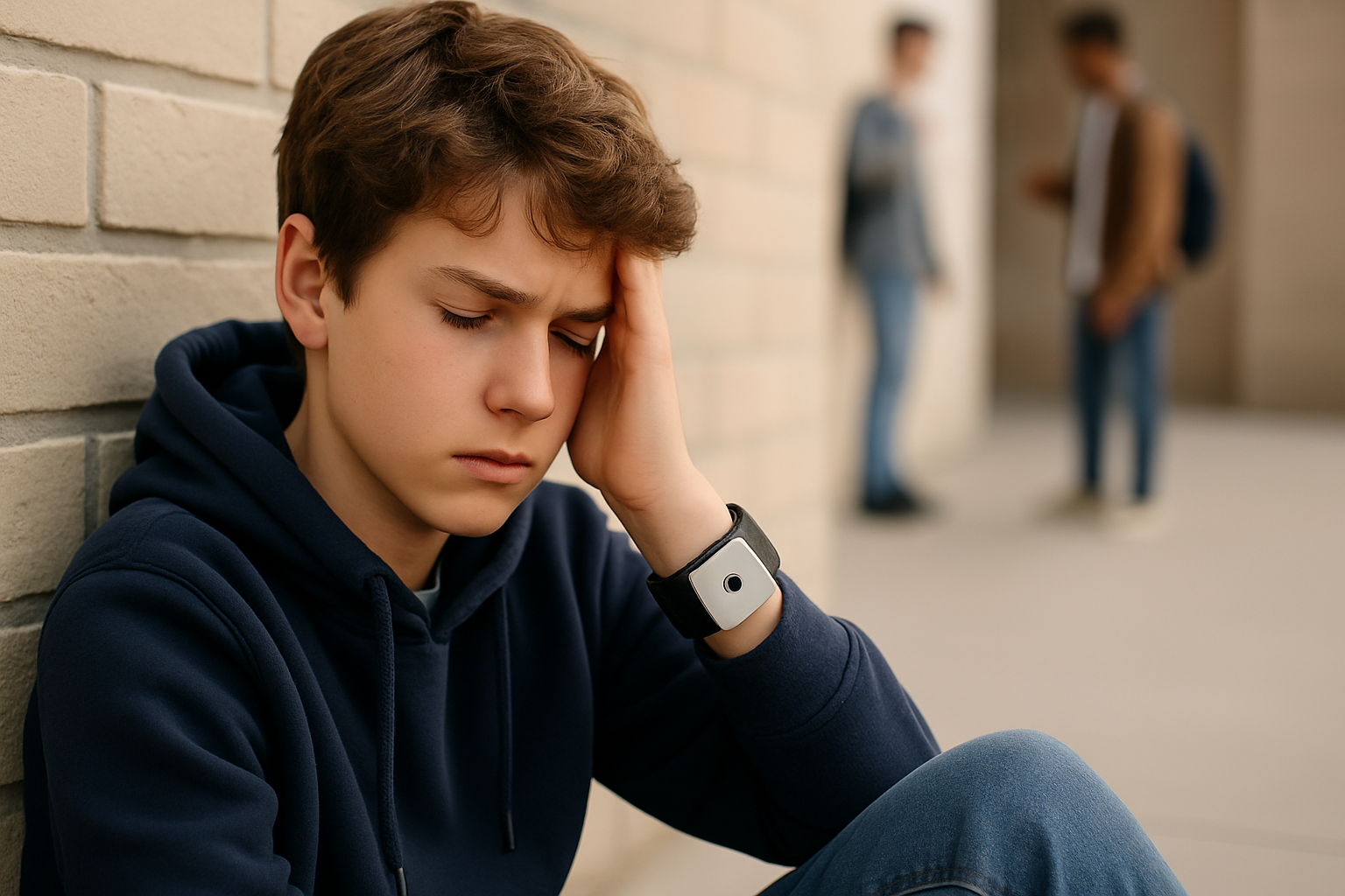 A mother looks at her child's smartwatch, illustrating bullying detection without reading messages for privacy.
