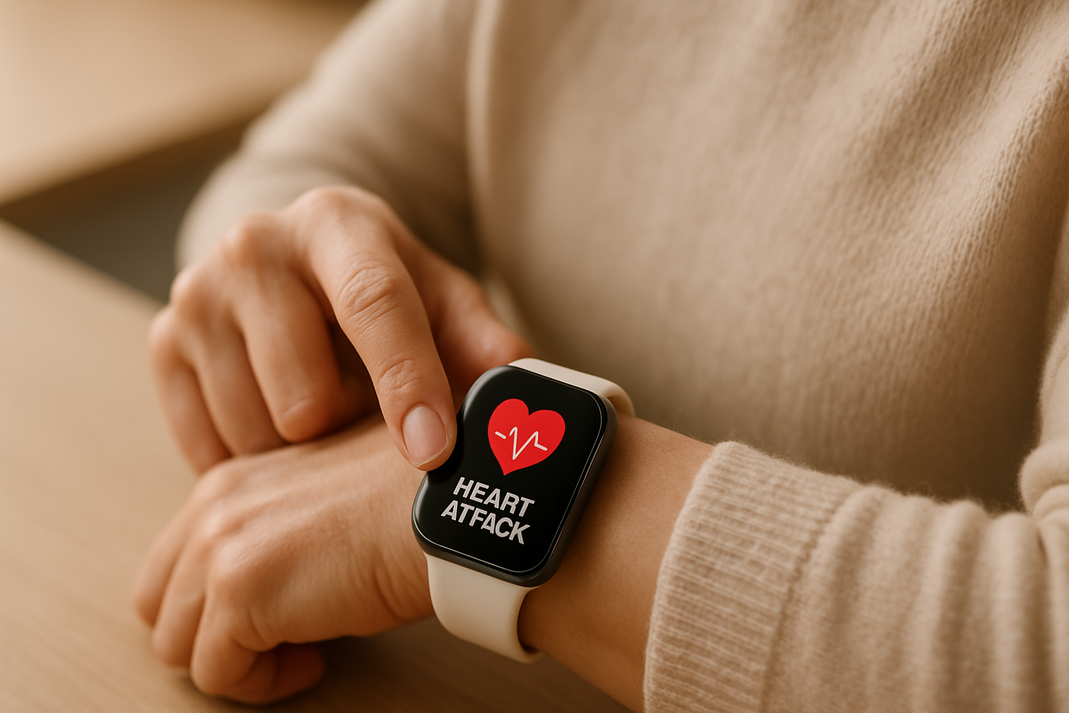 A close-up of an AlvoTriX smartwatch on a wrist, highlighting its heart attack detection features for health monitoring.