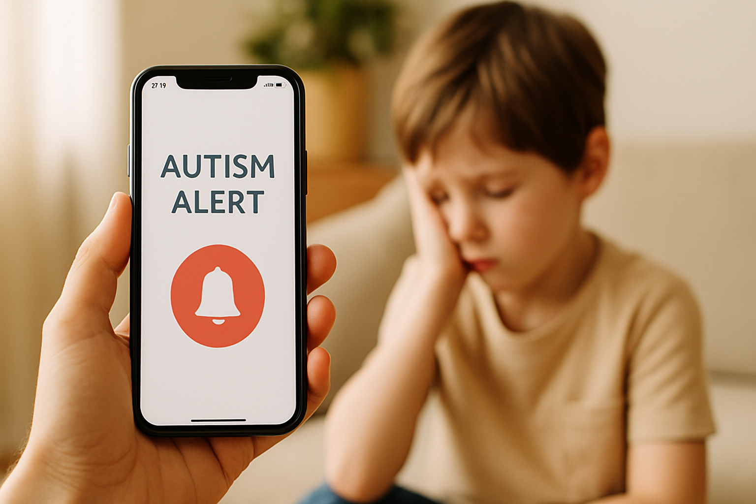 A parent uses an autism alert app on a smartphone while observing their autistic child playing in the living room.