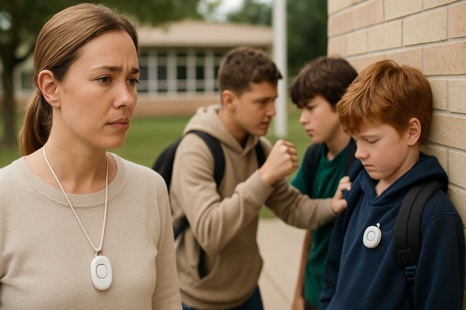 A diverse group of students in a school hallway, highlighting the need for school bullying detection without phone monitoring.