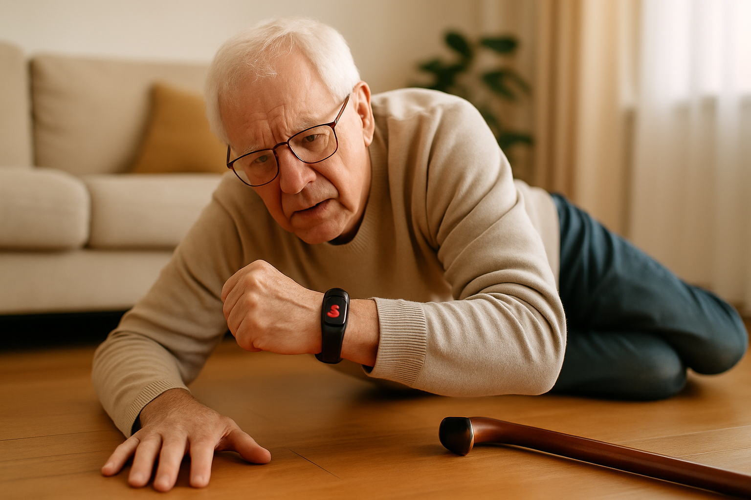 A person wearing a Xiaomi Mi Band examines its fall detection feature, highlighting its use for safety and prevention.