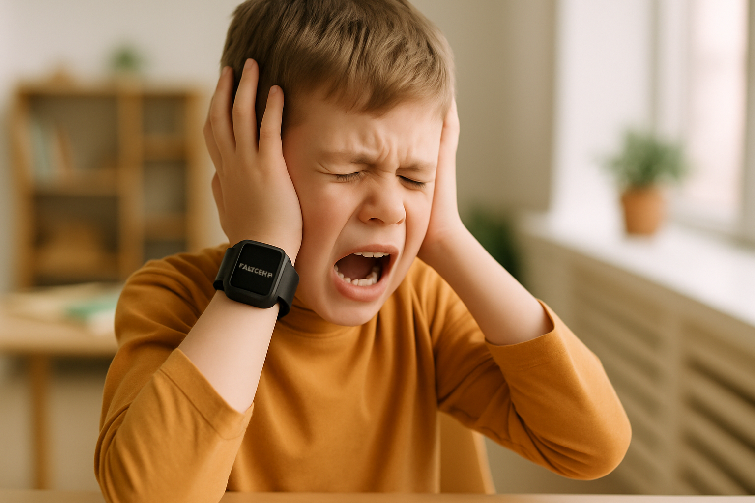 A child wearing an AlvoTriX smartwatch, designed to help manage sensory overload in autistic kids, holds a parent's hand.