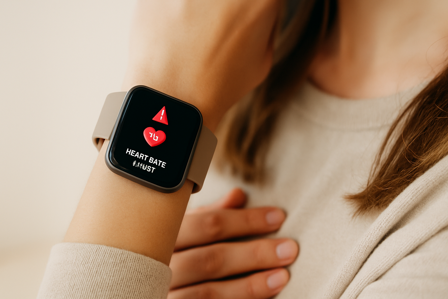 A person wearing a sleek AlvoTriX heart rate alert wearable, focusing on its use for anxiety management.