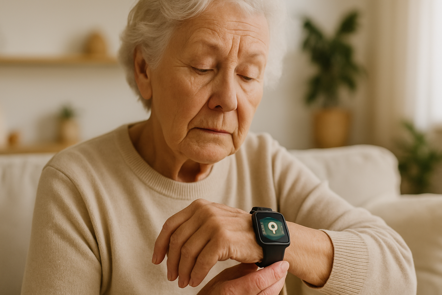A close-up of an AlvoTriX dementia GPS tracker watch on an elderly person's wrist, highlighting its safety features.
