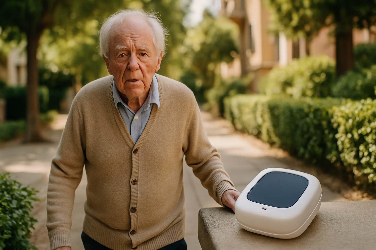 A senior woman wearing an AlvoTriX GPS tracker bracelet sits on a park bench, highlighting Alzheimer's wandering safety.