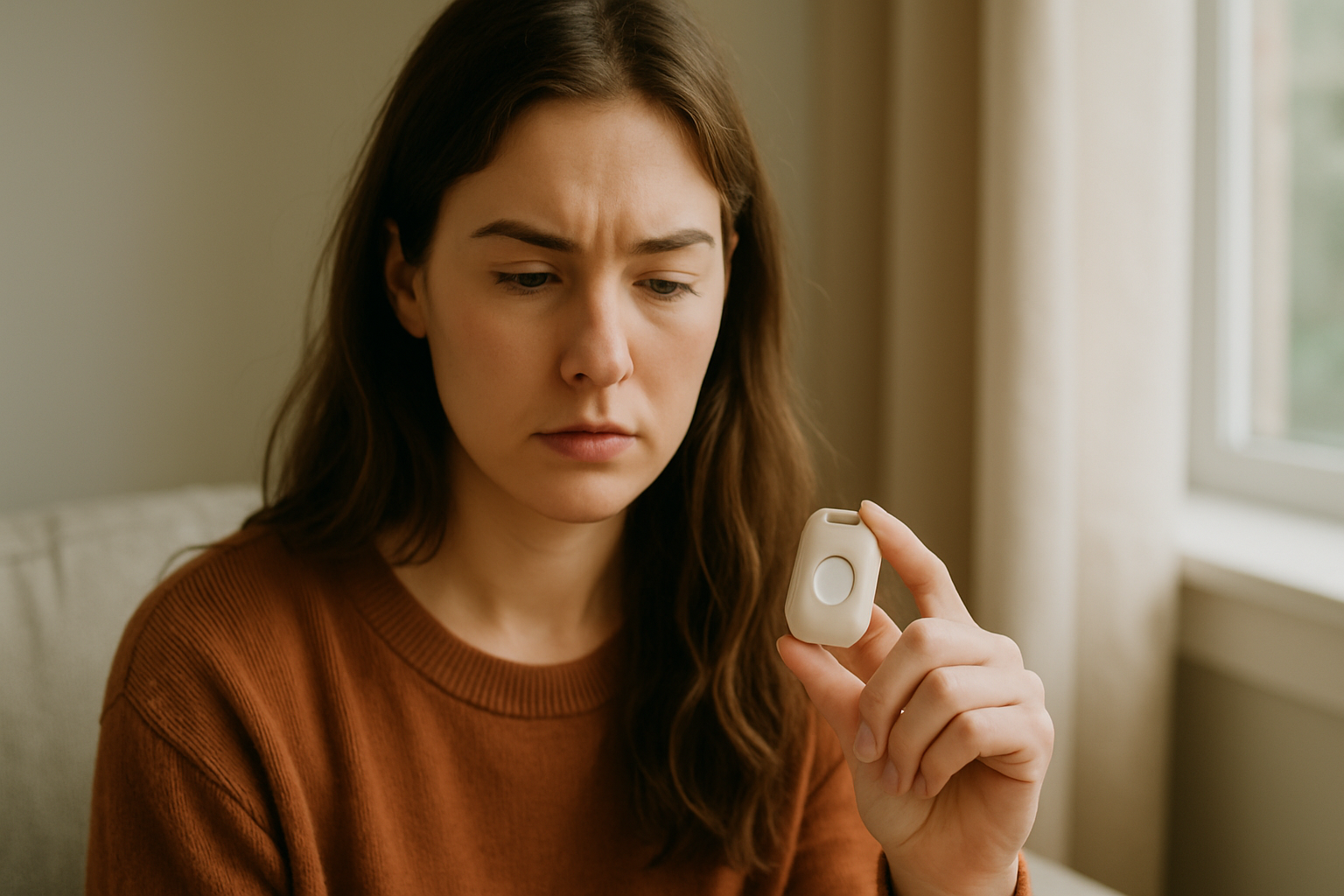 A woman discreetly holds a smartphone displaying a silent panic button app, emphasizing personal safety for women.