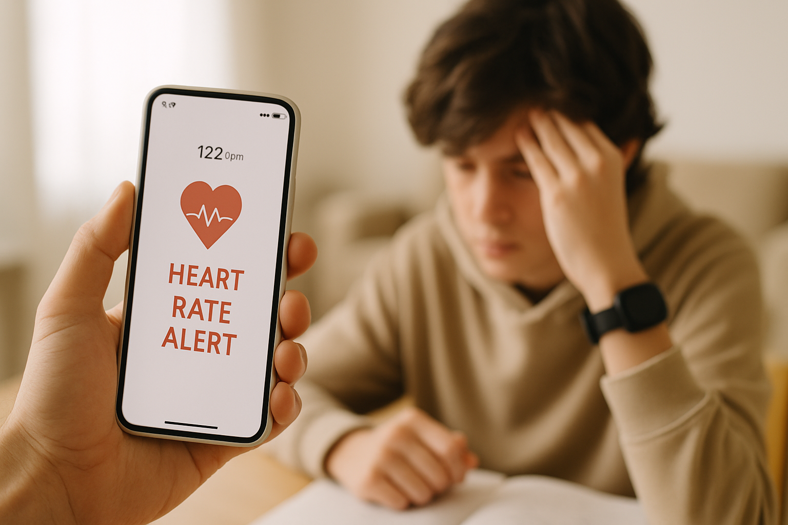 A concerned parent checks a smartphone displaying a heart rate alert app, highlighting its use for monitoring teens.