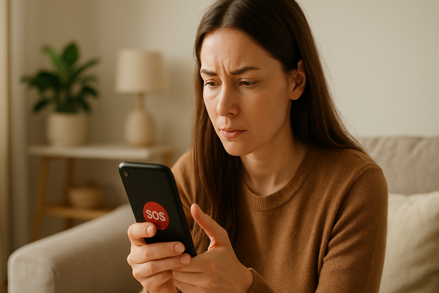 A woman discreetly uses a smartphone app, symbolizing the discreet SOS app for domestic violence discussed in the article.