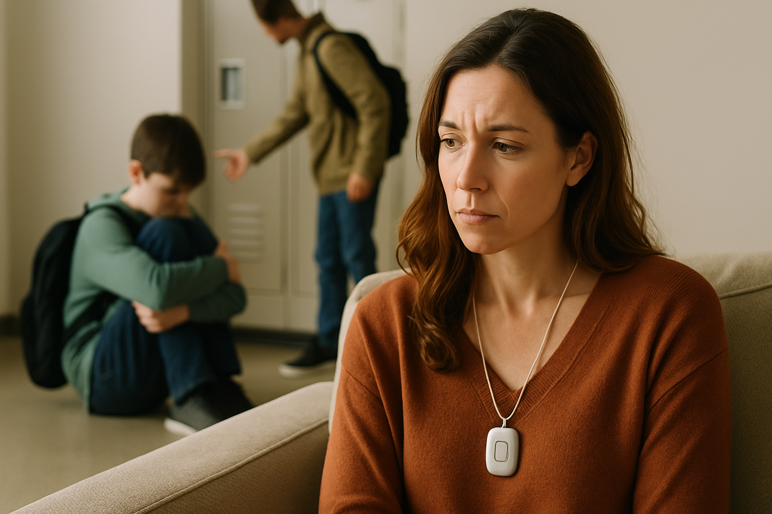 A concerned parent looks at a wearable device on their child's wrist, illustrating the silent bullying alert for parents.