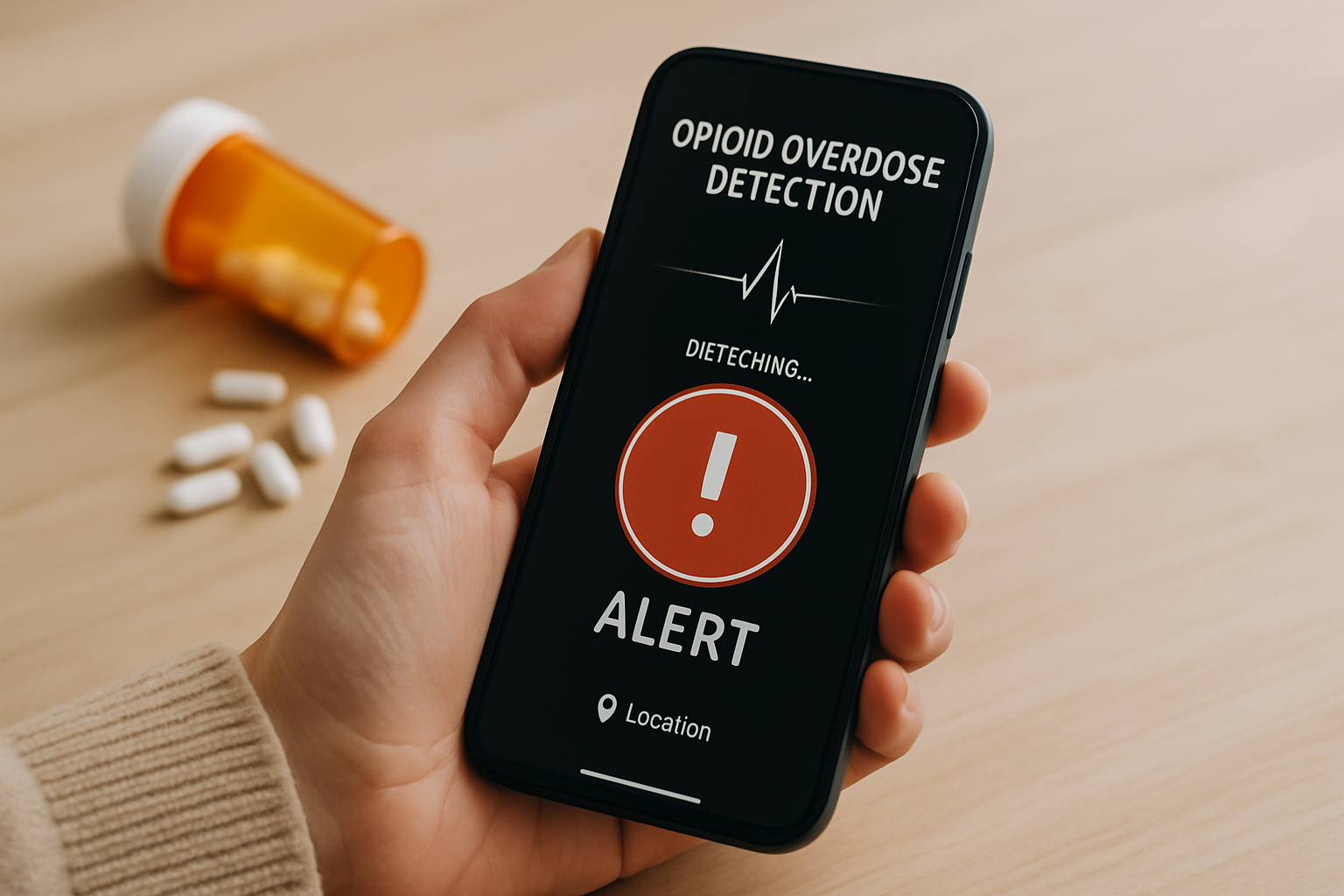 A smartphone displaying an opioid overdose detection Android app interface, highlighting its features and usage.