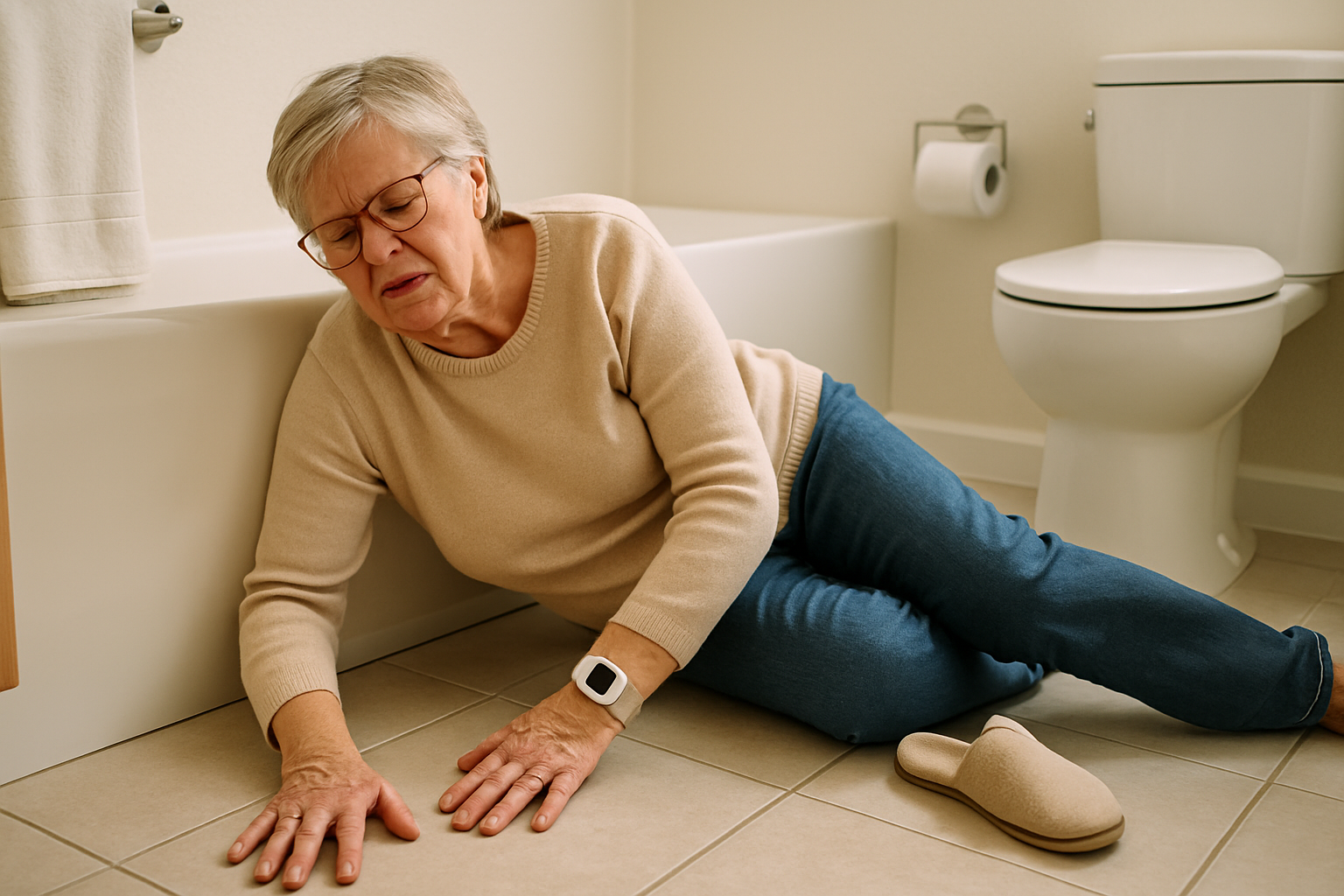 An elderly person wearing a fall alert device in a bathroom, illustrating how bathroom fall alert for elderly works.