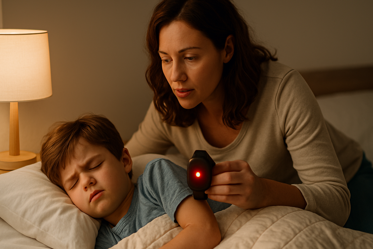A concerned parent checks a wearable device on a sleeping child, illustrating night seizure alert for parents.