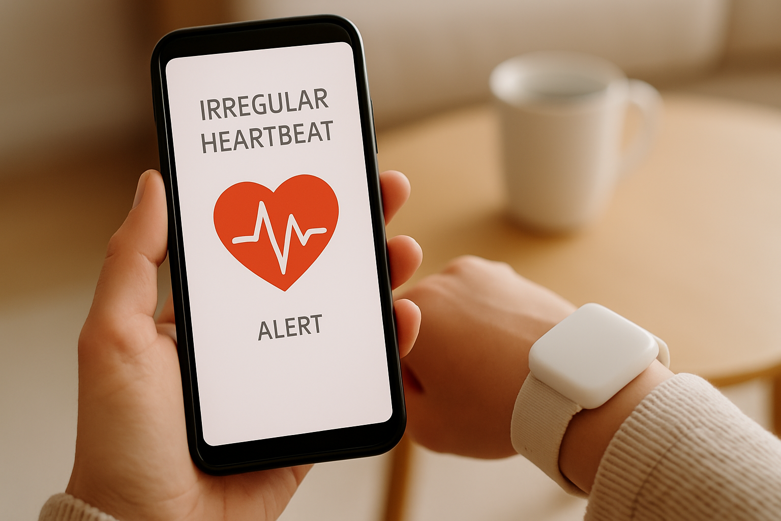 A person using an Android phone with the AlvoTriX irregular heartbeat alert app open, highlighting its features.