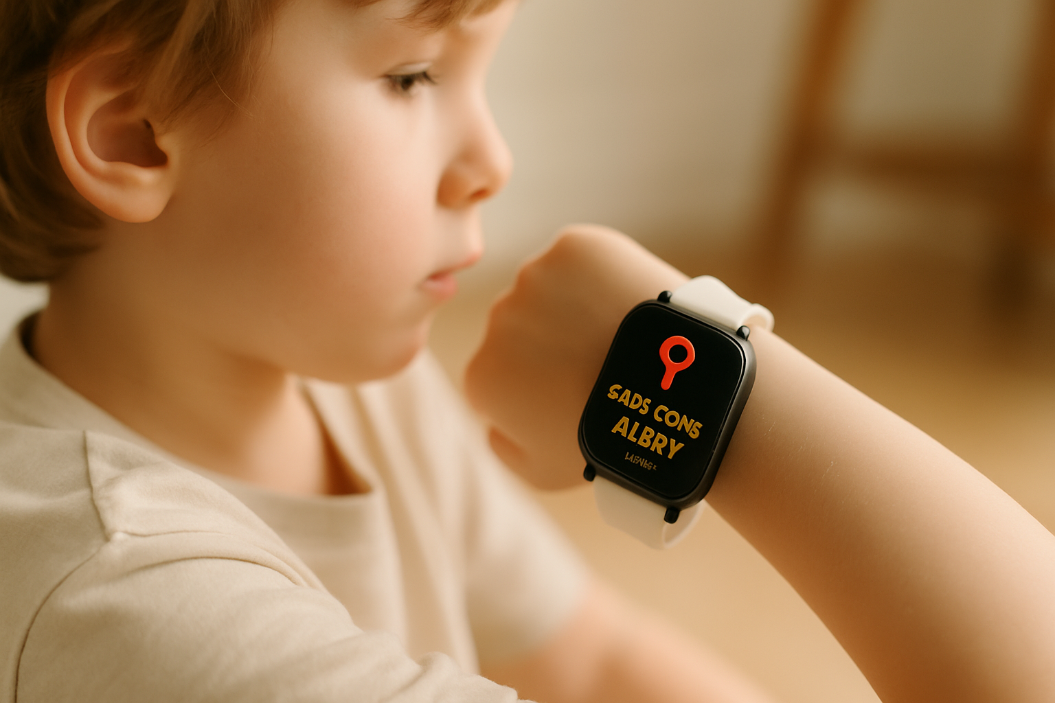 A close-up of a child wearing an AlvoTriX smartwatch, illustrating a setup guide for the child safe zone alert smartwatch.