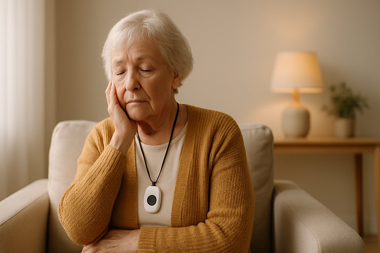 A senior woman wearing an AlvoTriX device sits alone on a park bench, illustrating inactivity alert for solo seniors.