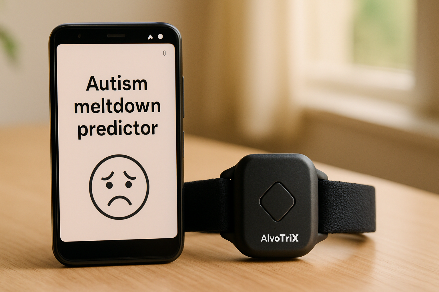A child wearing an AlvoTriX device interacts with an Android tablet, illustrating the autism meltdown predictor Android technol…