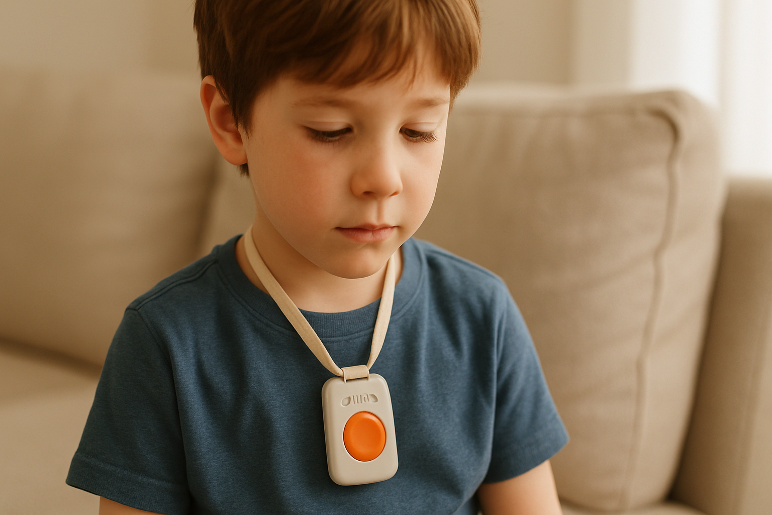 A young non-verbal child wearing an AlvoTriX autism wearable, illustrating its use in communication and safety.