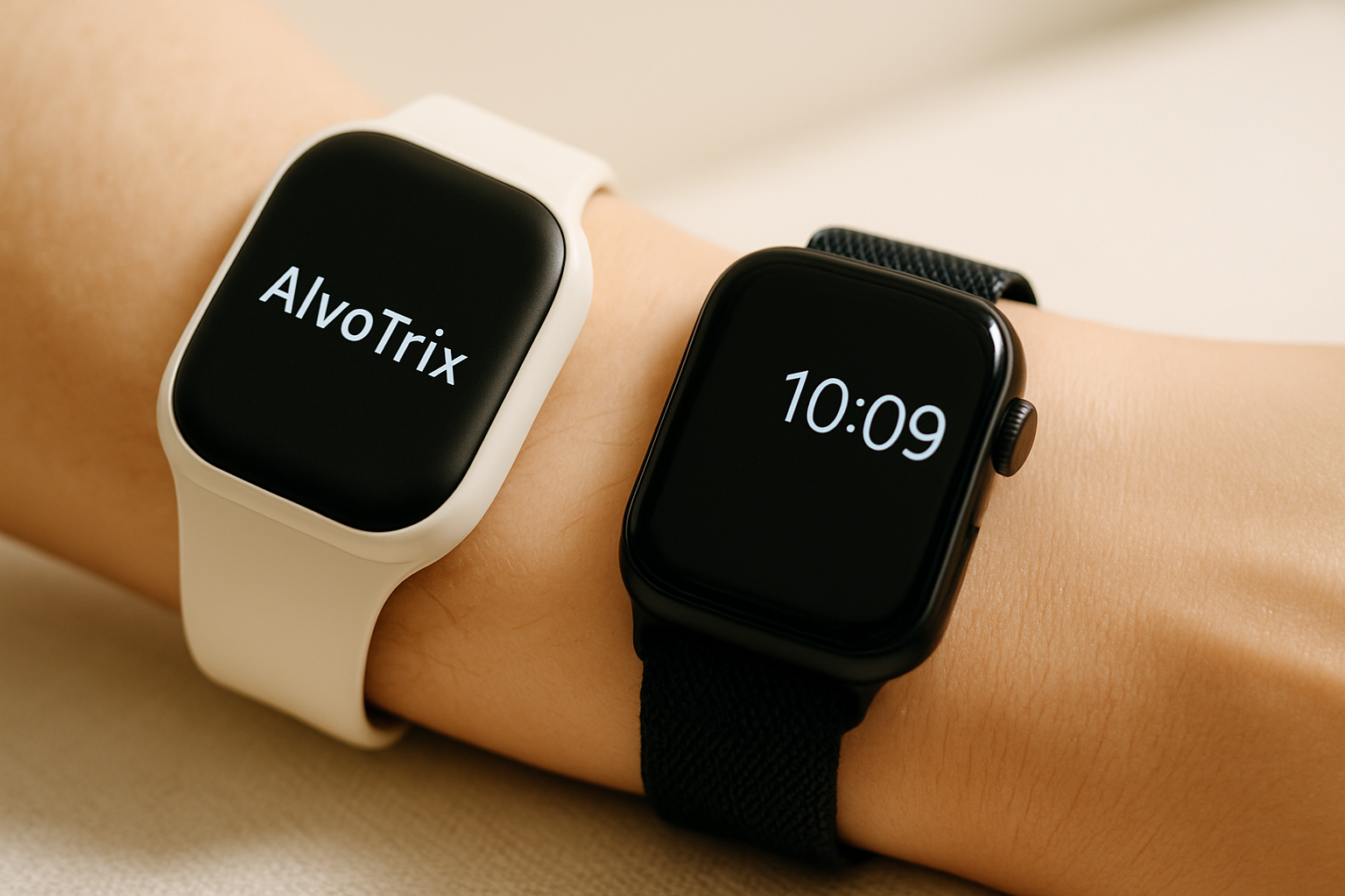 A side-by-side comparison of the AlvoTriX and Apple Watch, highlighting features for safety and everyday use.