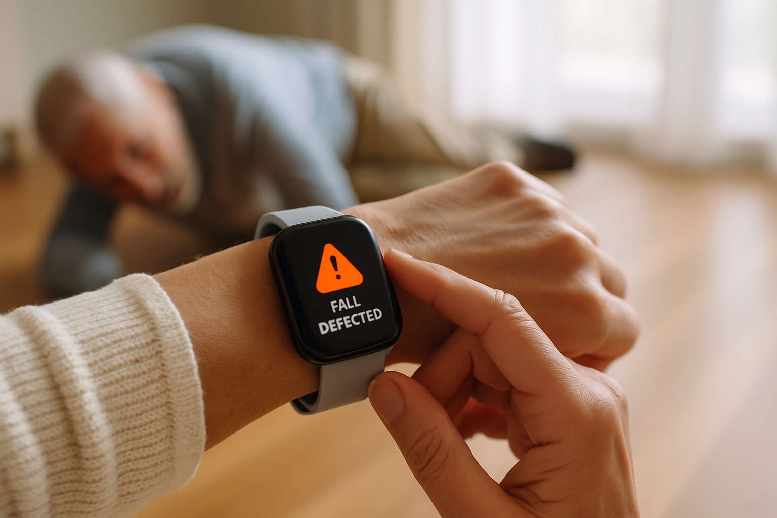 A senior woman wearing an AlvoTriX smartwatch sits at a table, illustrating smartwatch fall detection for parents.