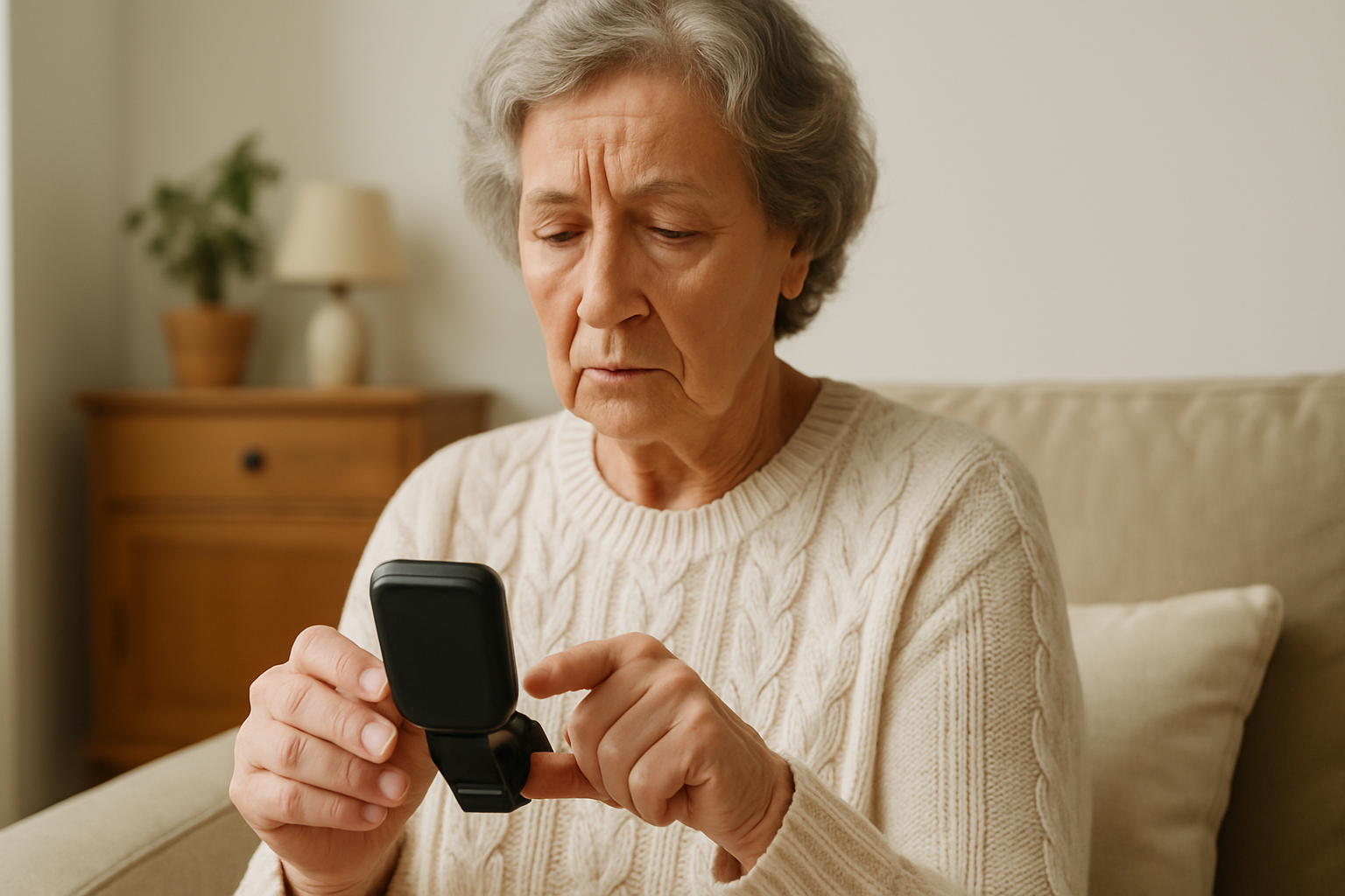 An elderly person wearing a discreet wristband fall detector, highlighting alternatives to a Life Alert pendant.