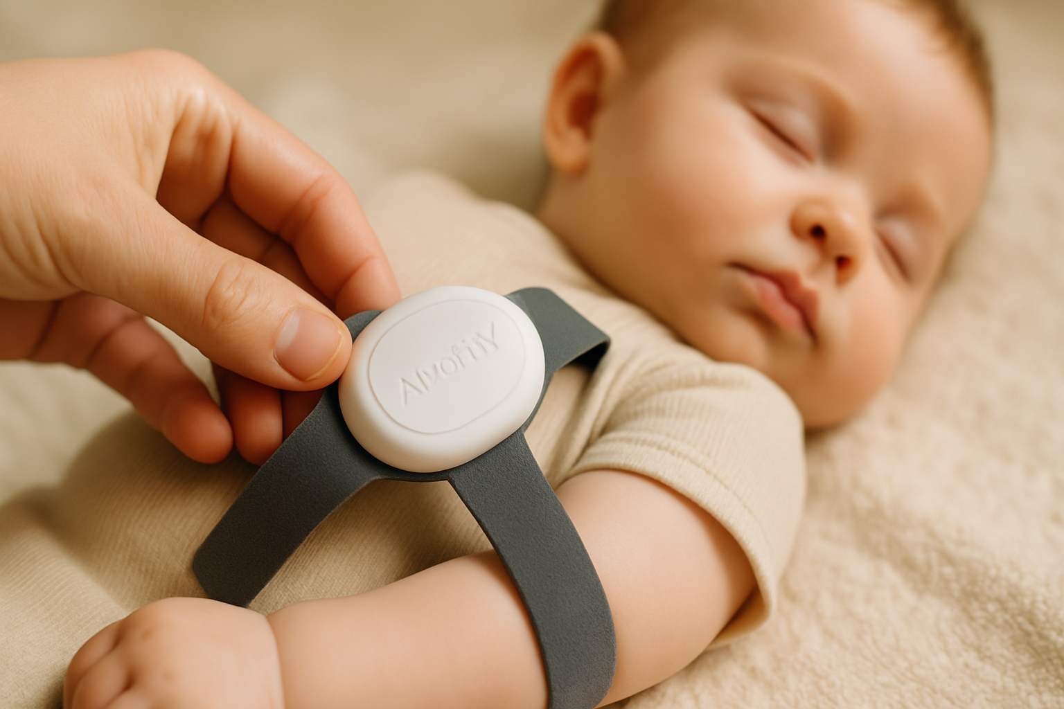 A baby sleeps peacefully in a crib while wearing an AlvoTriX SIDS monitor wearable, highlighting nighttime safety.