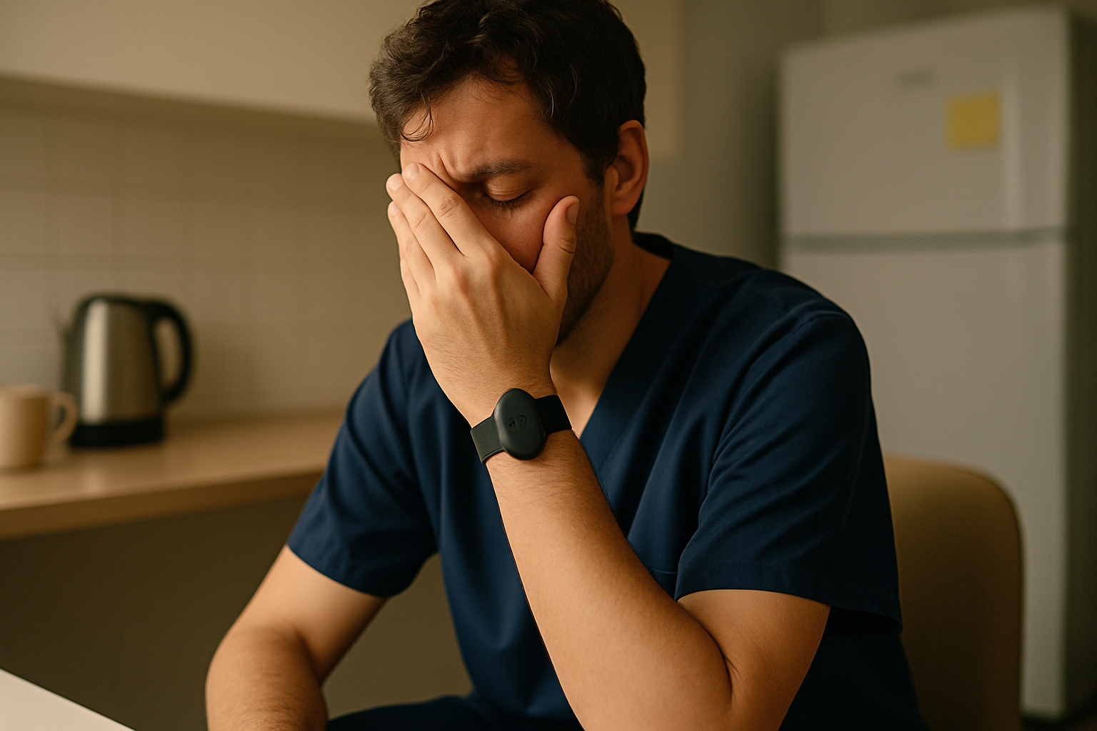 A night shift worker wearing an AlvoTriX safety wearable, highlighting the importance of a silent SOS for night shift workers.