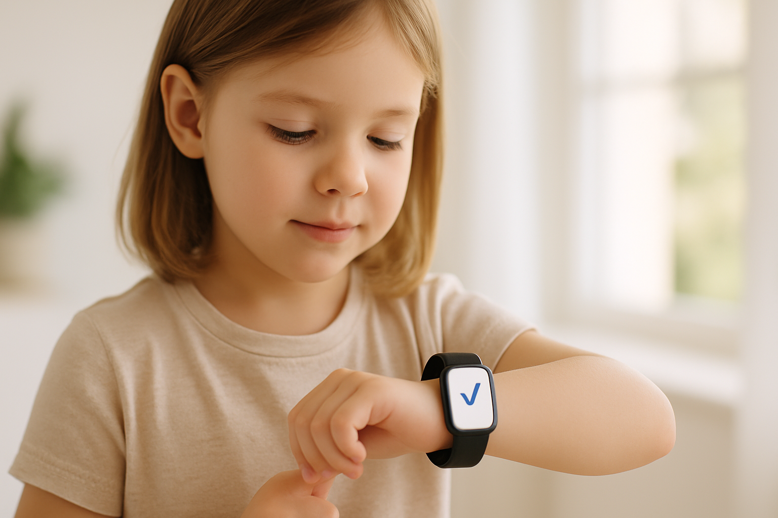 A child wearing a sleek biometric wristband plays in a park, illustrating advancements in child safety technology for 2026.