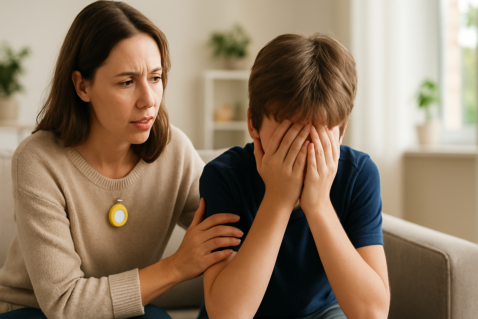 A concerned parent talks to their child in a park, highlighting how to know if your child is being bullied.